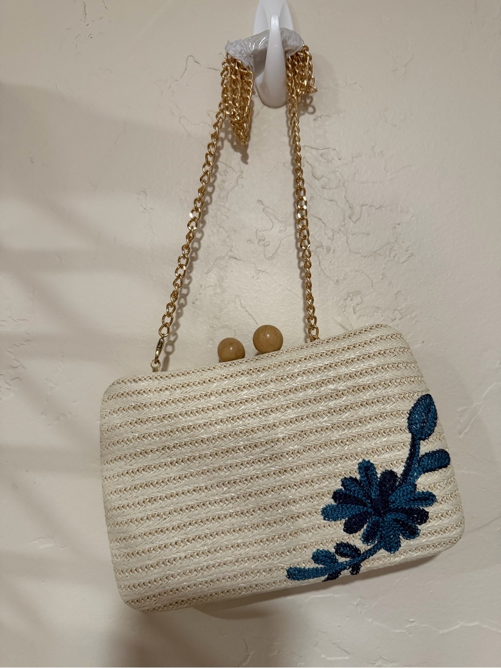 Woven Cream Crossbody Clutch with Navy Floral Embroidery